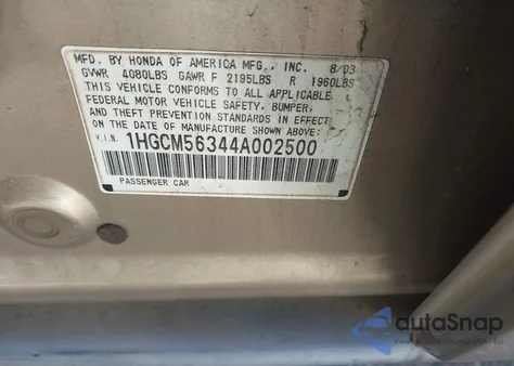 2004 Honda Accord 2.4 Lx from USA, damaged, VIN 1HGCM56344A002500